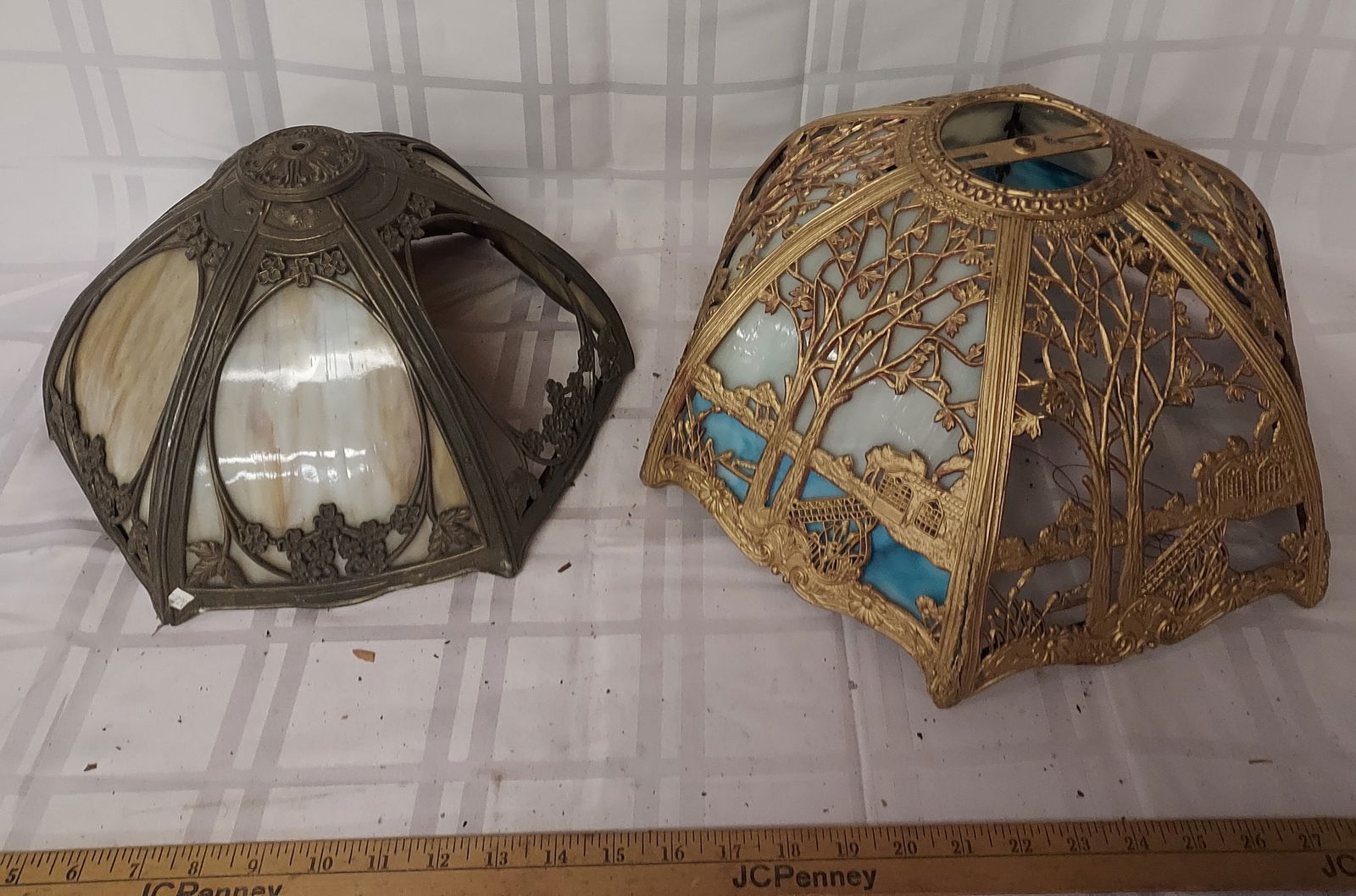 Lot of 2 Antique Bent panel Slag Glass Parlor Lamp Shades (1 of 15)