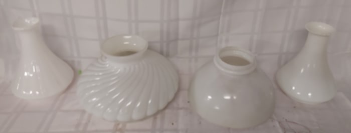 Group of 4 Vintage Milk Glass Lamp Shades Including Pair of Double Angle lamp Shades