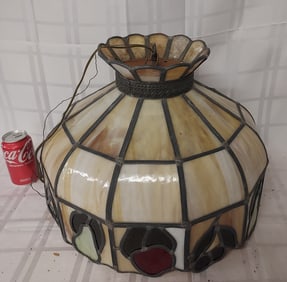 Vintage Hanging Slag Glass Ceiling Fixture with Stained Glass Fruit Design