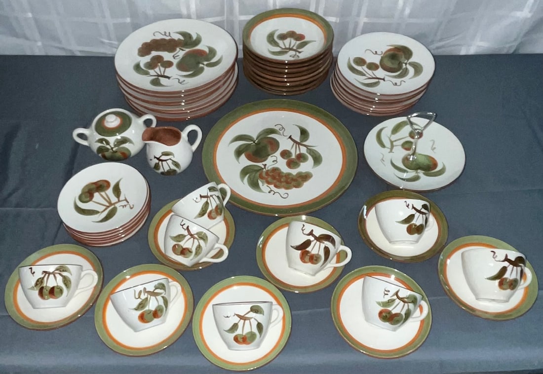 Vintage Set of 53 pieces of "Orchard Song" Stangl Pottery Dishware: Vintage Set of 53 pieces of "Orchard Song" Stangl Pottery Dishware - includes 12" diameter platter, eight 10" dinner plates, eight 8" plates, eight 7 1/2" plates, eight 6" plates, eight cup / saucers,