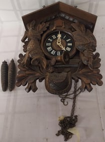 German Hand carved Walnut Cuckoo Clock with Pine Cone Weights