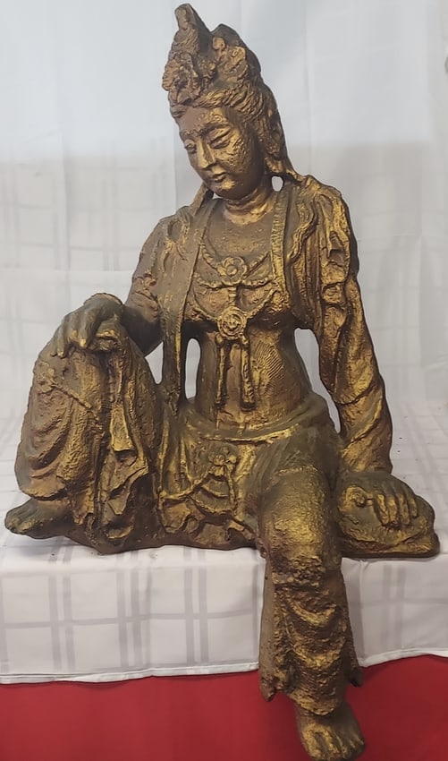 Large Vintage Life Size Buddhist Guanyin Gold Molded Seated Figure: Large Vintage Life Size Buddhist Guanyin Gold Molded Figure made from some sort of resin - Condition as pictured, unless otherwise noted. If you have any question please contact us.