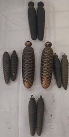 Group of Cast Iron Cuckoo Clock Pinecone Weights Including Some Matched Pairs