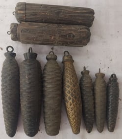 Group of 9 Misc. Cuckoo Clock Weights Including 7 Cast Iron Pinecone Weights