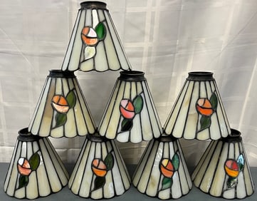 A Set of 8 Small Vintage Matching Stained, Leaded Glass Lamp Shades With Flowers
