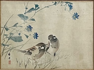 Japanese Watercolor Painting on Silk by Chikudo, "Two Suzume Birds" (Sparrows)