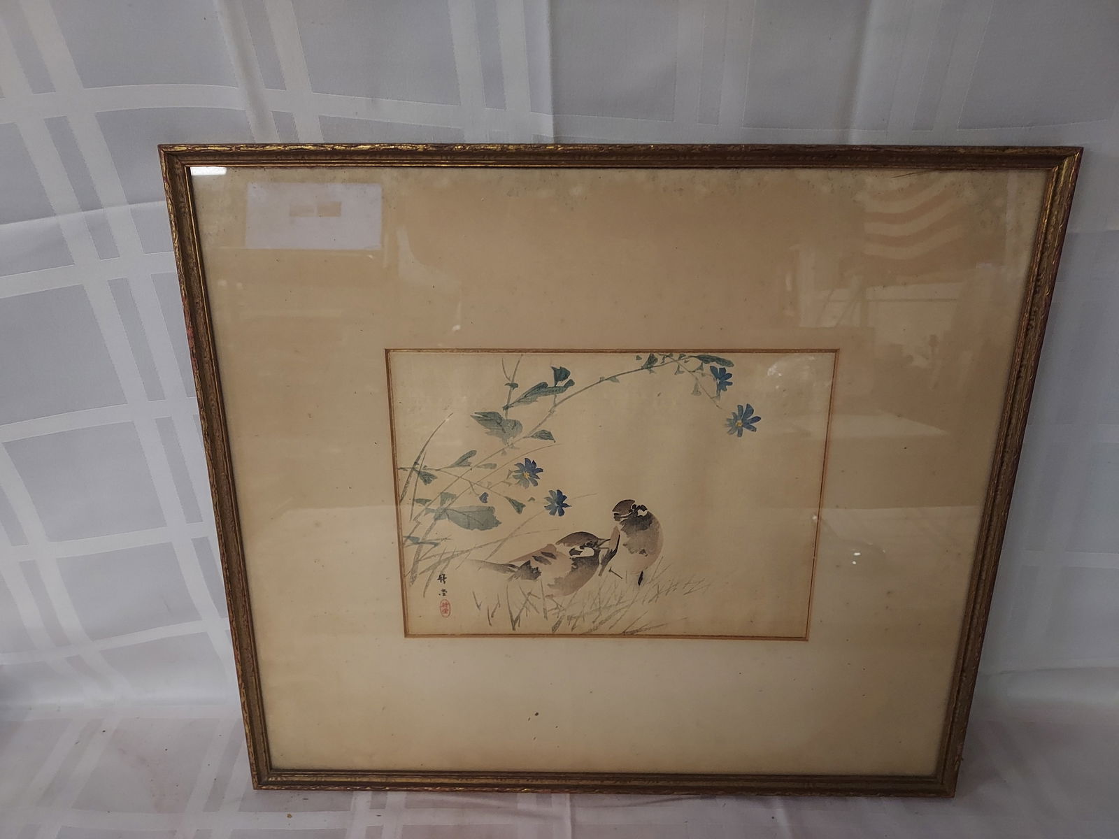 Japanese Watercolor Painting on Silk by Chikudo, "Two Suzume Birds" (Sparrows): Japanese Watercolor Painting on Silk by Chikudo, "Two Suzume Birds" (Sparrows), Meiji Period, Framed - Condition as pictured, unless otherwise noted. If you have any question please contact us.