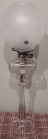 19th c. Victorian Era Clear Glass oil Banquet Lamp with Frosted Ball Shade