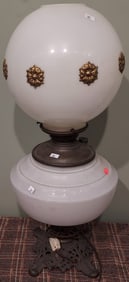 Electrified Antique Oil Lamp with Milk Glass Shade with Brass Rosettes