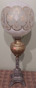 Elaborate Victorian Metal and Brass Oil Banquet Lamp with Frosted Paint Decorated Shade