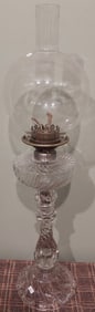 19th C. Antique Victorian Clear Glass Oil Banquet Lamp with Clear Ball Shade