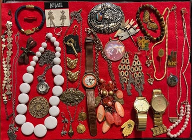 Lot of Vintage Costume jewelry, watches, Native American Belt Buckle, etc.