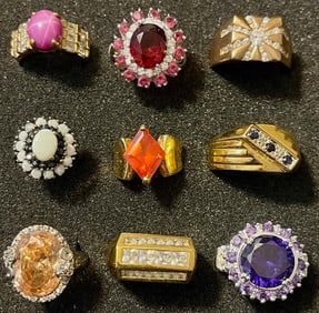 Lot of 9 Stamped 925 Sterling Silver Rings, Various Stones, Various Sizes