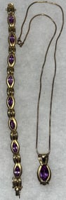 Gold Vermeil Sterling Silver, Amethyst Bracelet and Matching Necklace with Pendant