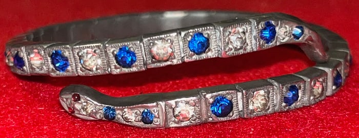 Vintage Blue and White Rhinestone Snake Bracelet with Red Eyes
