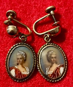 Antique Gold Filled Hand Painted Portrait Screw Back Earrings