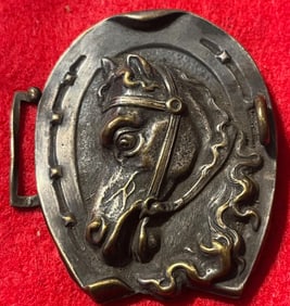 Antique Silver over Brass Heavily Embossed Horse Head Belt Buckle