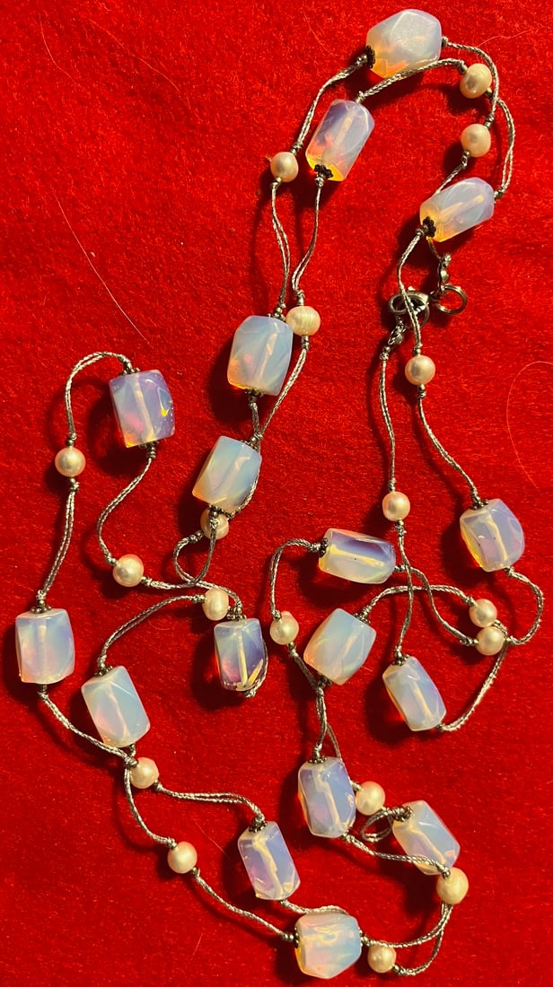 Vintage Opalescent Glass and Pearl Beaded Necklace, Matching Earrings: Vintage Opalescent Glass and Pearl Beaded Necklace with matching earrings - measures approx. 56 1/2" long! Condition as pictured, unless otherwise noted. If you have any question please contact us.