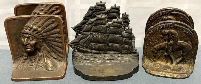GROUP OF 3 PAIR ANTIQUE BRONZE AND CAST IRON BOOKENDS