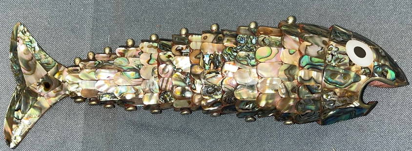 LARGE LOS CASTILLO ARTICULATED ABALONE FISH BOTTLE OPENER: LARGE LOS CASTILLO ARTICULATED ABALONE FISH BOTTLE OPENER ? ONE SMALL PIECE OF ABALONE MISSING, OTHERWISE IN GREAT CONDITION ? MEASURES 8? LONG