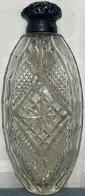 ANTIQUE BRILLIANT PERIOD CUT GLASS FLASK WITH STERLING LID