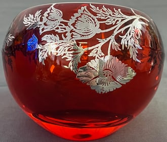 VINTAGE SILVER OVERLAY CRANBERRY ART GLASS ASHTRAY