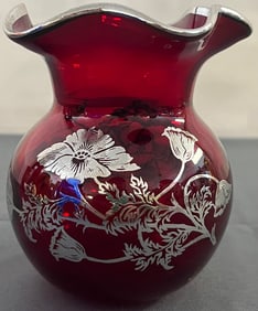 VINTAGE SILVER OVERLAY CRANBERRY ART GLASS VASE