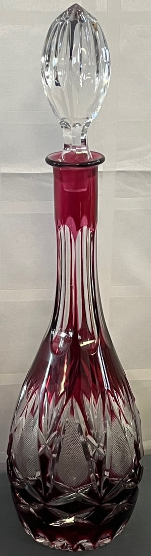 RUBY CUT TO CLEAR CASED GLASS DECANTER WITH STOPPER (1 of 9)