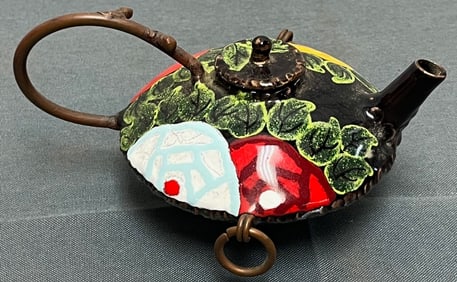 SMALL COPPER AND ENAMEL TEAPOT WITH LID