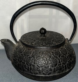 SMALL JAPANESE CAST IRON TEAPOT / SAKI POT, EMBOSSED FLOWERS