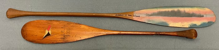 TWO MINIATURE ANTIQUE WOODEN SOUVENIR CANOE PADDLES