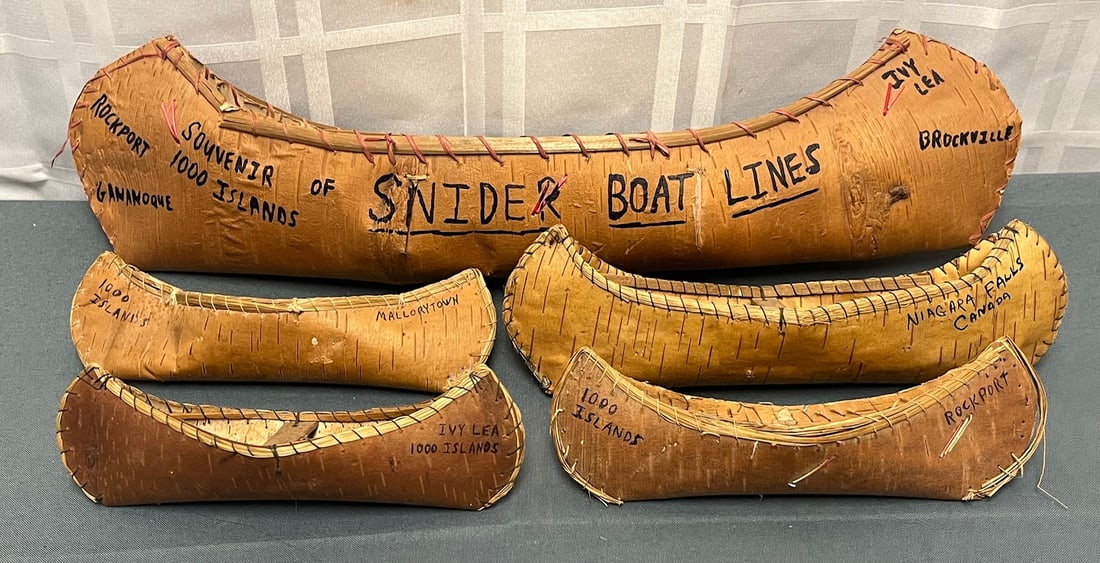 GROUP OF 5 VINTAGE MINIATURE SOUVENIR BIRCH BARK CANOES (1 of 11)