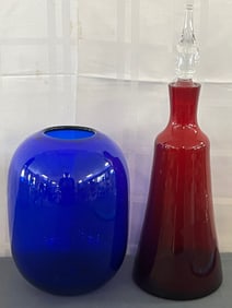 LOT OF 2 ART GLASS PIECES  COBALT BLUE VASE, RUBY DECANTER