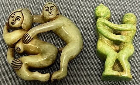 LOT OF 2 CHINESE HARD STONE, NEPHRITE JADE CARVED EROTIC FIGURES