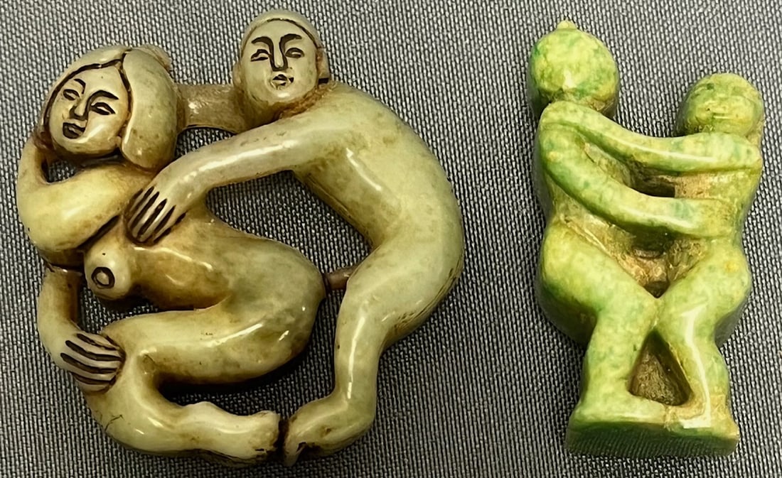LOT OF 2 CHINESE HARD STONE, NEPHRITE JADE CARVED EROTIC FIGURES: LOT OF 2 CHINESE HARD STONE, NEPHRITE JADE CARVED EROTIC FIGURES ? ONE APPEARS TO BE NEPHRITE JADE AND THE OTHER SOME TYPE OF GREEN HARD STONE - CONDITION AS SEEN IN PHOTOS PROVIDED