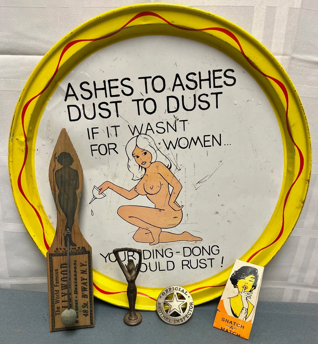 GROUP OF 5 VINTAGE RISQUE ITEMS: GROUP OF 5 VINTAGE RISQUE ITEMS ? ROUND METAL TRAY, SMALL BRONZE FEMALE NUDE, ?SNATCH A MATCH? MATCH BOOK, BROTHEL INSPECTOR BADGE AND A WOODEN CLAPPER NOISE MAKER - CONDITION AS SEEN IN PHOTOS PROVID