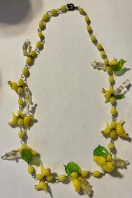 HAND BLOWN YELLOW VENETIAN GLASS NECKLACE WITH BIRDS, FLOWERS AND LEAVES