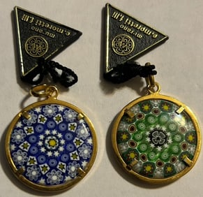 TWO MURANO ART GLASS E. MORETTI VENETIAN MILLIFIORI MOSAIC PENDANTS