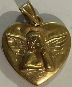 14K SOLID YELLOW GOLD HEART PENDANT WITH ANGEL, 1.5 GRAMS