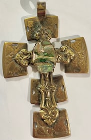 LARGE ELABORATE 3" EMBOSSED BRASS CROSS, INSET ABALONE CABOCHON