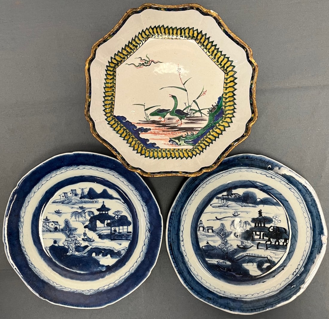 LOT OF 3 PCS ASIAN PORCELAIN, 2 CHINESE CANTON PLATES, JAPANESE BOWL (1 of 14)