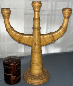 TWO VINTAGE ITEMS MADE FROM TREE BARK, CANDELABRA, COVERED BOX