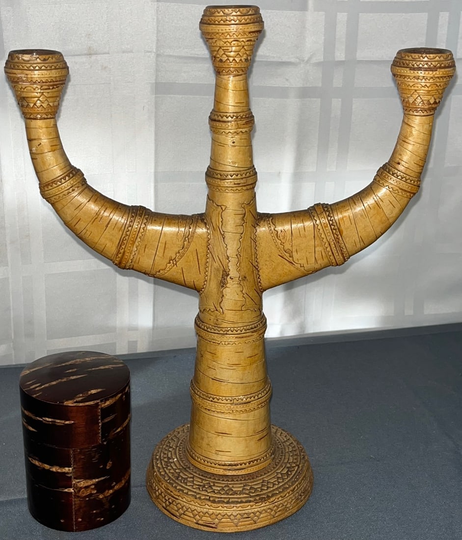 TWO VINTAGE ITEMS MADE FROM TREE BARK, CANDELABRA, COVERED BOX (1 of 15)