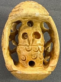 CARVED ASIAN EGG SHAPED STONE NETSUKE WITH OWL