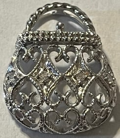 14K WHITE GOLD PURSE CHARM / PENDANT WITH 4 SMALL DIAMONDS, 2 GRAMS