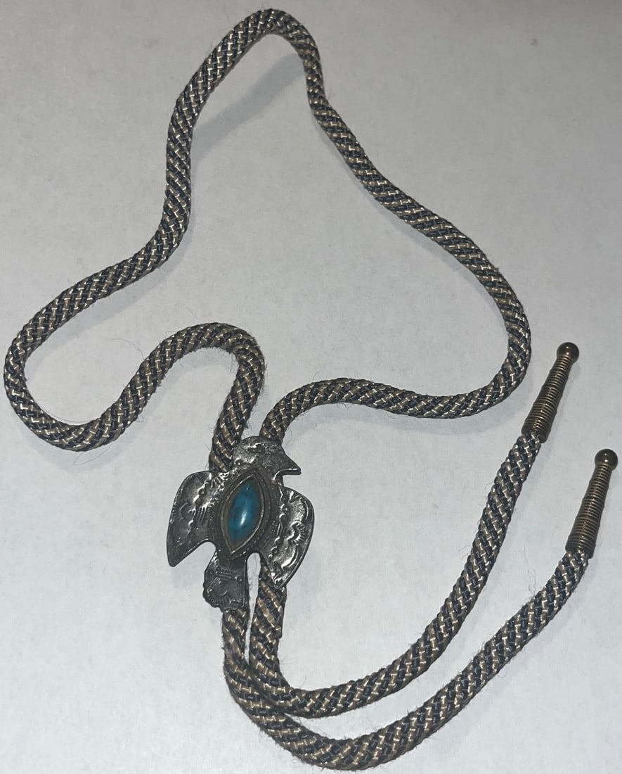 VINTAGE ZUNI BIRD BOLO TIE WITH NYLON CORD, STAMP WORK ON BIRD (1 of 8)