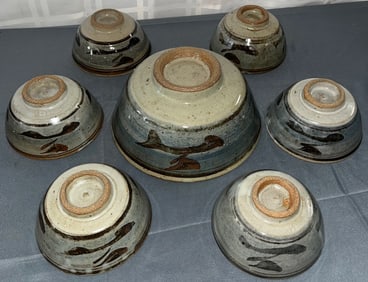 7 PIECE VINTAGE JAPANESE STUDIO POTTERY BOWL SET