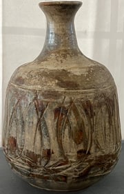 ARTIST SIGNED STUDIO POTTERY VASE OR DECANTER W/ INCISED DECORATION