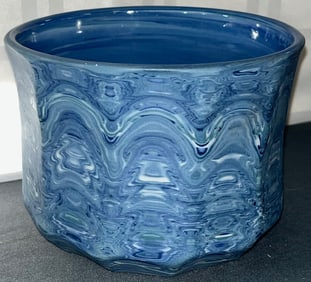UNUSUAL BLUE & WHITE MARBLIZED STUDIO POTTERY BOWL  ARTIST SIGNED