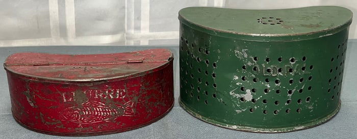 LOT OF 2 VINTAGE METAL FISHING BAIT BOXES WITH LIDS OLD PAINT